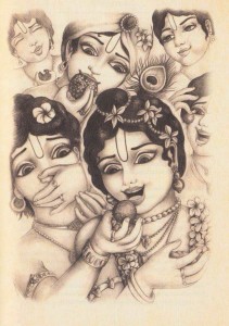 Krsna's laughter and smiling lips while eating with friends